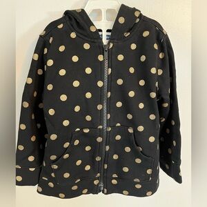 Girl’s Old Navy zip-up hoodie, black with gold polka dots, size 4t.